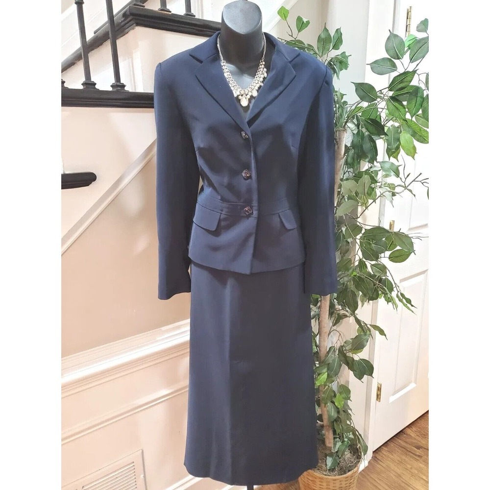 Dressbarn Womens Navy 2 Pieces Suit Set Long Sleeve Blazer Jacket Pencil Skirt 8